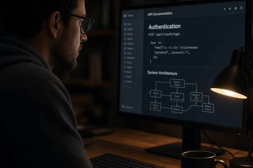 Developer workspace with API documentation on a monitor