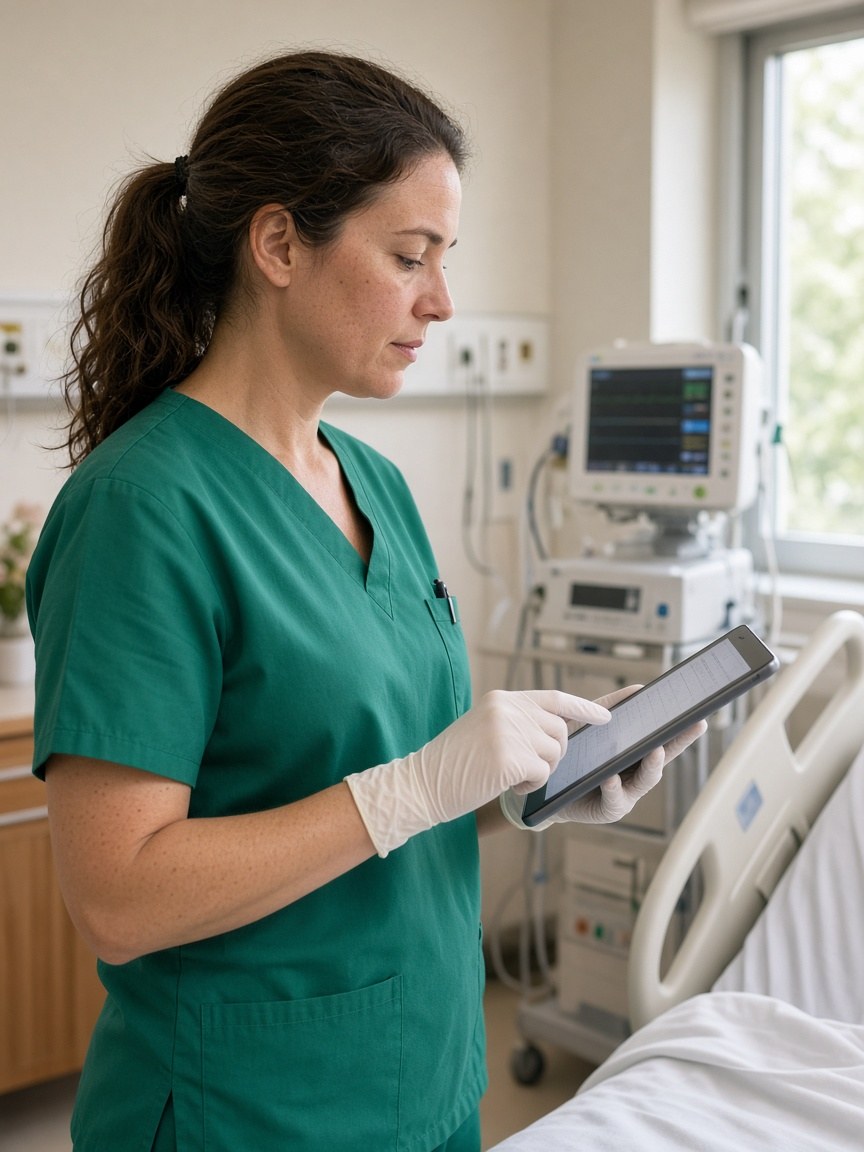 Clinician with a tablet in a hospital room