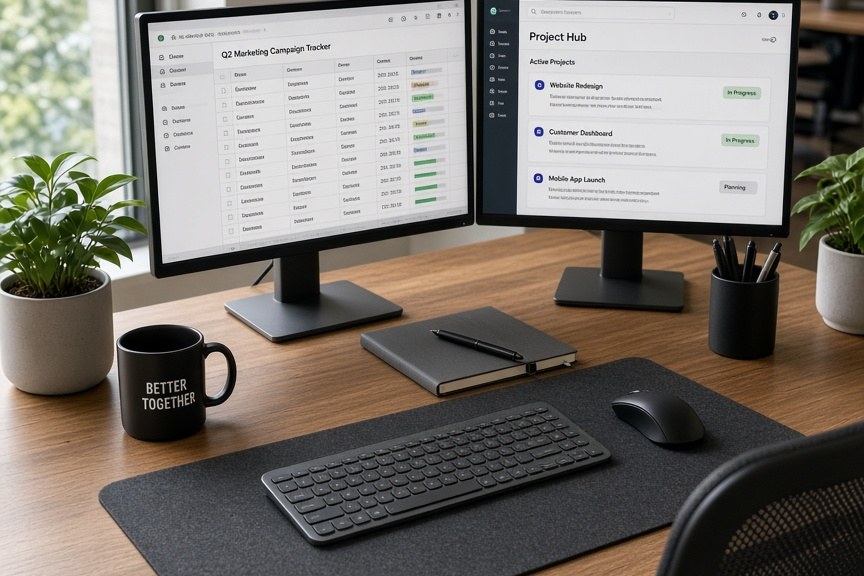 Dual-monitor office workspace for internal tools